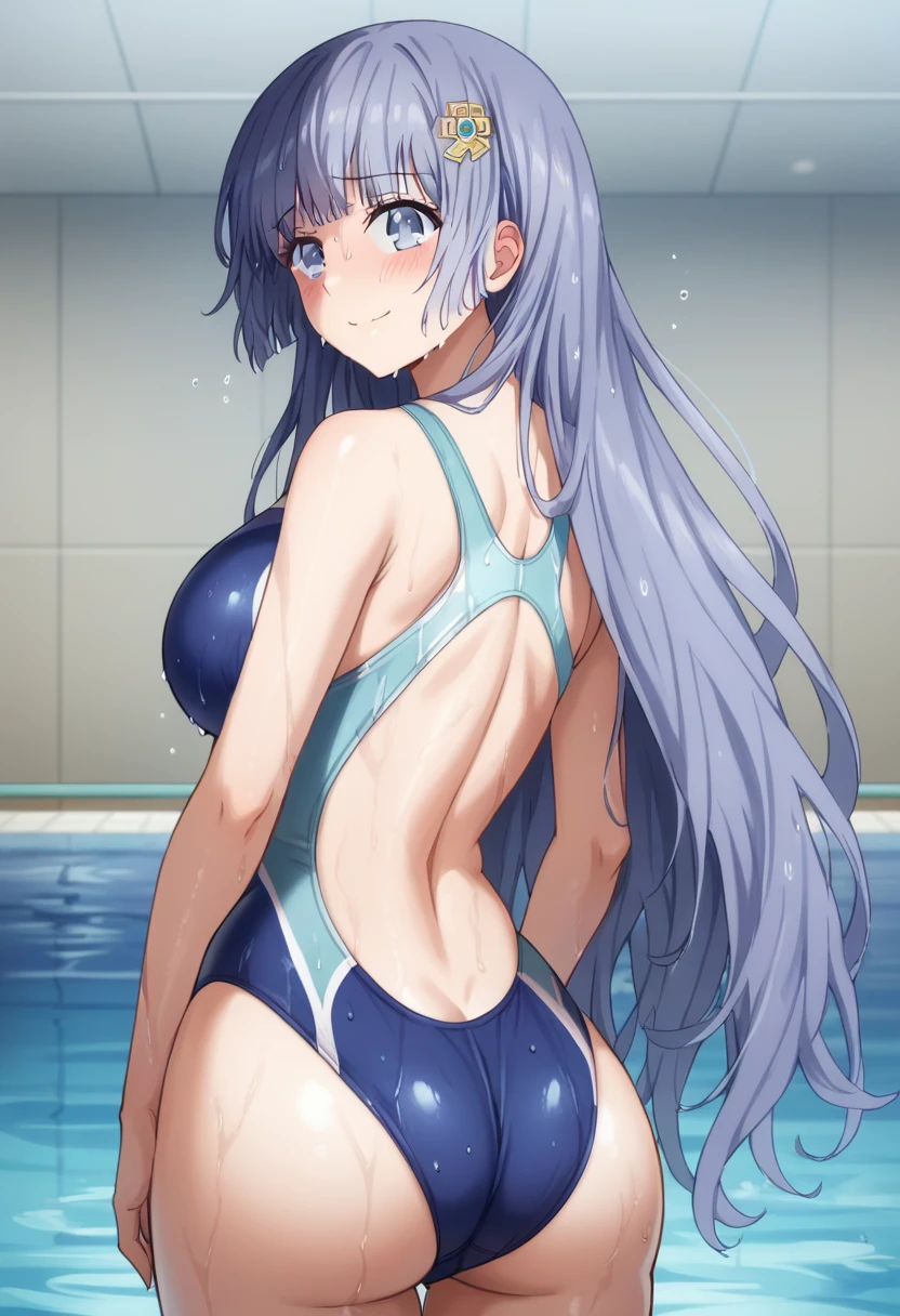 Score_9, Score_8_up, Score_7_up, ASCII masterpiece, source_anime, BREAK, 1girl, alone, mikuizayoi, miku izayoi, bangs, blunt bangs, hime cut, hair ornament, long hair, blue eyes, blue hair, alone, looking at viewer , blushing, big breasts, ((waist, wide hips, beautiful skin, beautiful eyes, beauty, extraordinarily beautiful woman, attractive woman, super sexy woman, cute, lustful body, sexy woman with seductive and obscene body, sensual body, voluptuous body ), rear view, wet, (sexy transparent competition swimsuit), red blush on face, nervous expression, closed mouth, embarrassed smile, seductive pose, pool bottom,