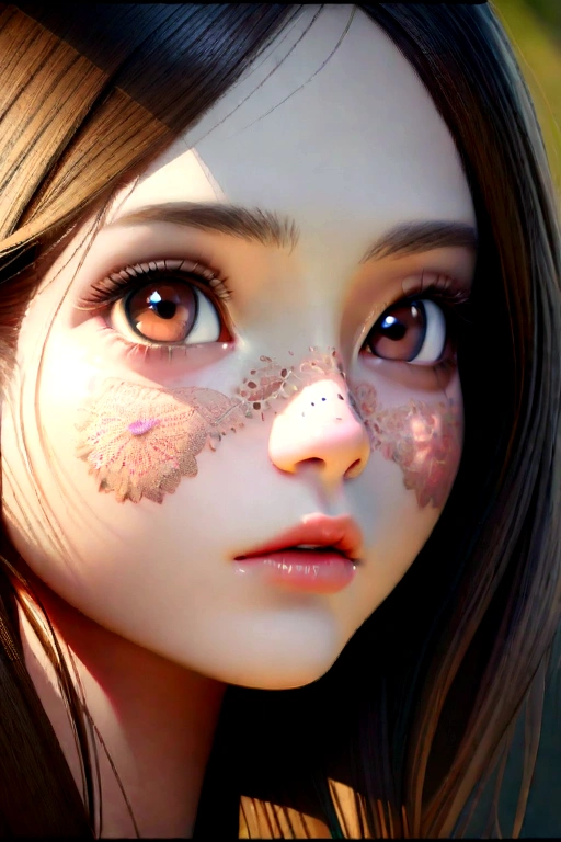 a highly detailed photorealistic portrait of a beautiful Blythe doll with short shoulder-length dark brown hair with no bangs, expressive brown eyes, thin lips, delicate facial features, intricate textures, hyper realistic, 8k, cinematic lighting, masterpiece
