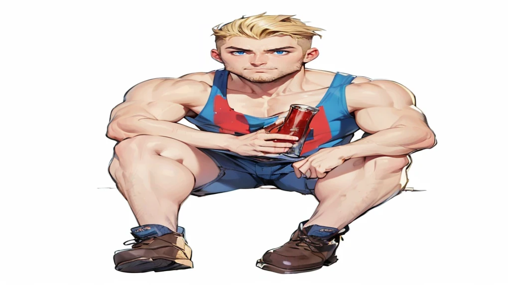 boy, 19 years old, very handsome, beautiful face, blue eyes, blond hair, shaved on the sides, visible muscles, thin beard and sideburns, sitting with a beer in his hand, looking