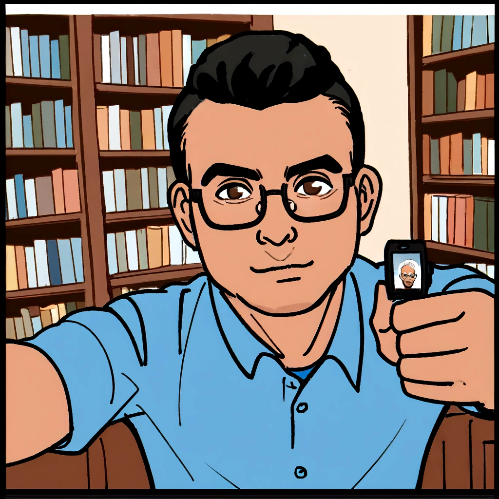 there is a man with glasses and a blue shirt sitting in front of a shelf, with accurate face, Mohammed Chahin, very low quality image, professional profile photo, emad mostaque, selfie shot, inspirado por Bikash Bhattacharjee, profile photo 1024px, 8k selfie shotgraph, inspiration by Narayan Shridhar Bendre