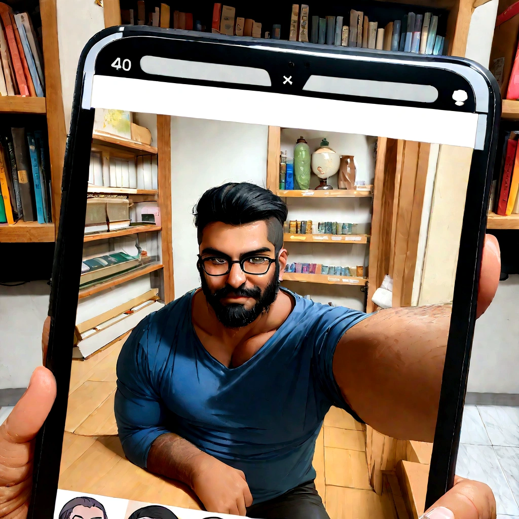 there is a man with glasses and a blue shirt sitting in front of a shelf, with accurate face, Mohammed Chahin, very low quality image, professional profile photo, emad mostaque, selfie shot, inspirado por Bikash Bhattacharjee, profile photo 1024px, 8k selfie shotgraph, inspiration by Narayan Shridhar Bendre