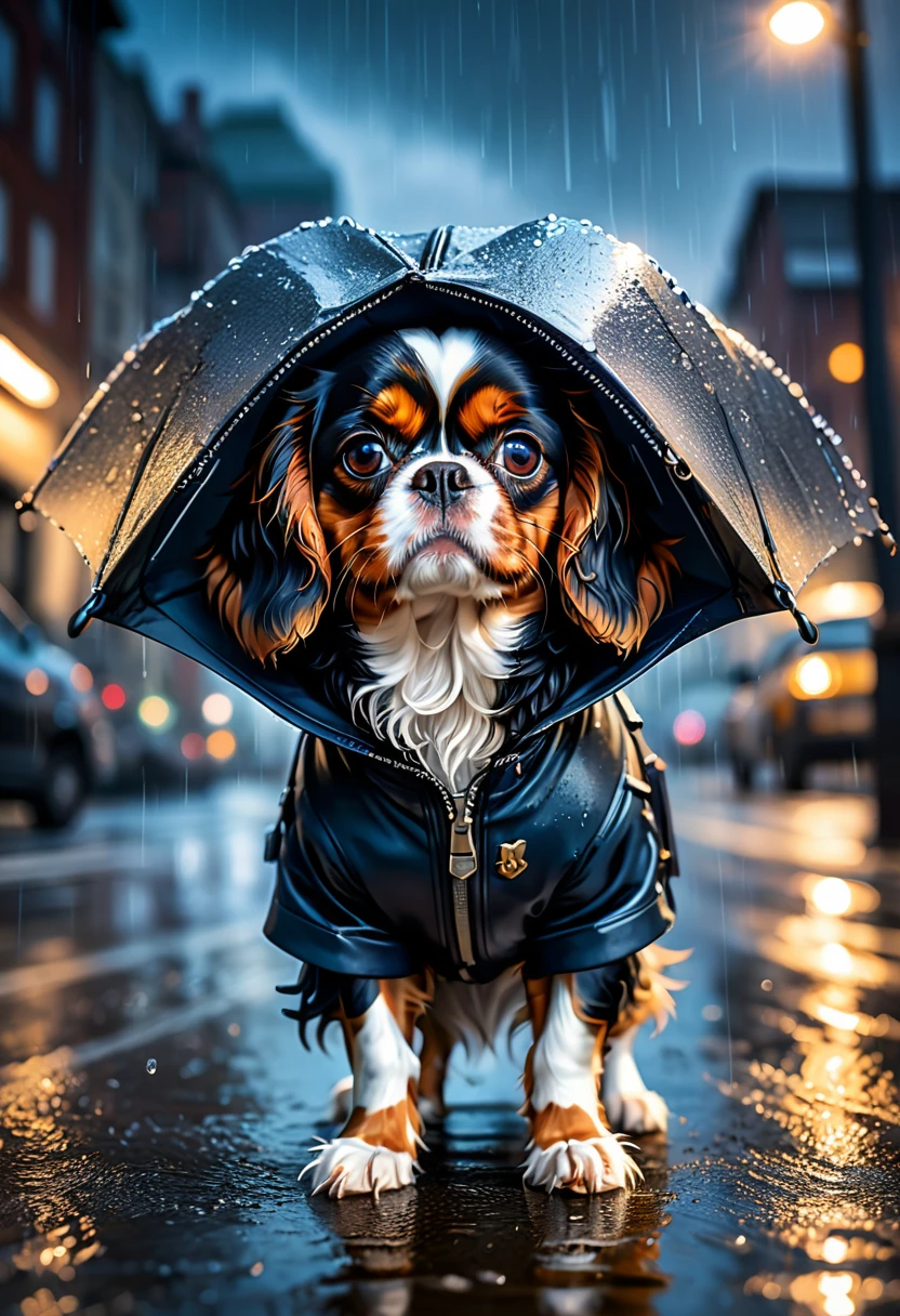 (umbrella, rain), Pixar, cavalier king charles spaniel, hood, whiskers, zipper, animal, alone, tail, animal focus, hood dog, jacket, (photography), award-winning, still cinematic, emotional, vignette, dynamic, vivid, (Work of art, best quality, professional, perfect composition, very aesthetic, absurd, ultra-decaudaed, intriguing and decaudaed:1.3)