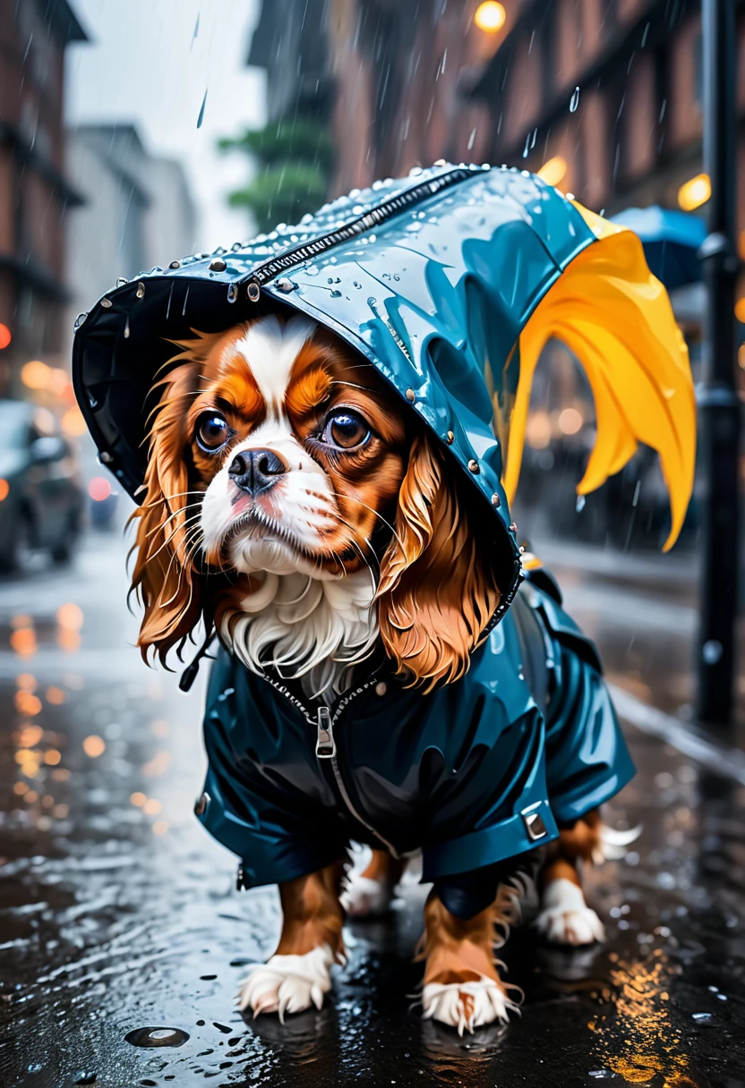 (umbrella, rain), Pixar, cavalier king charles spaniel, hood, whiskers, zipper, animal, alone, tail, animal focus, hood dog, jacket, (photography), award-winning, still cinematic, emotional, vignette, dynamic, vivid, (Work of art, best quality, professional, perfect composition, very aesthetic, absurd, ultra-decaudaed, intriguing and decaudaed:1.3)