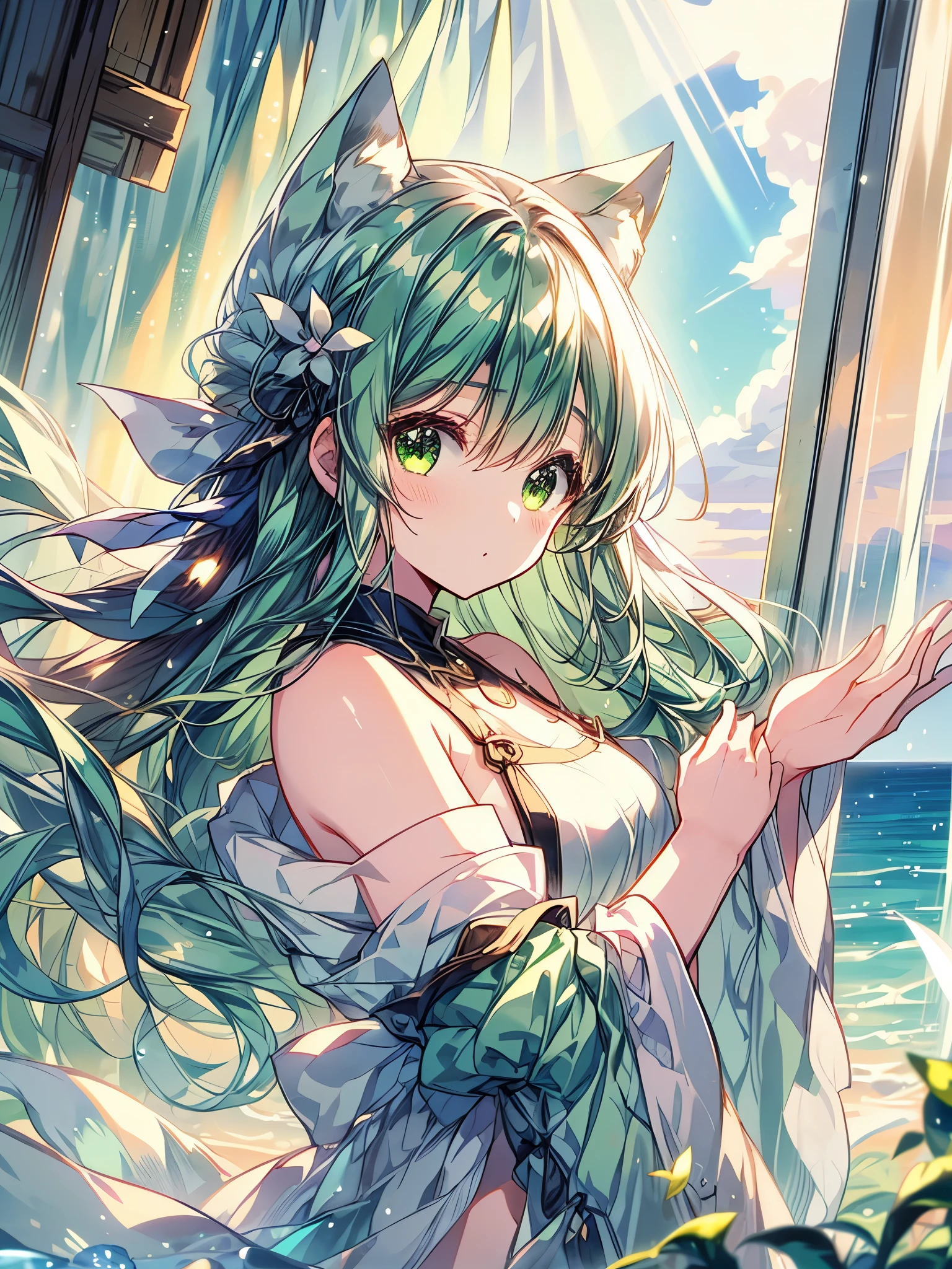 Scenery light green long hair happy Nekogirl (two neko ears and white fox tail), cute thoughtful face, white oversized shirt Off-the-shoulder, watching out of a window thoughtful, sunset, high amount of rainbow sunflare and lensflare, lots of colors, clouds. Lateral view from outside the window, face invested from colors and light, masterpiece.