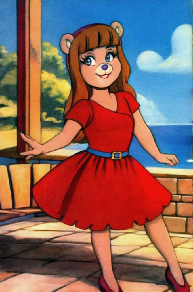 fashionable 60s young lady bear, red_dress,