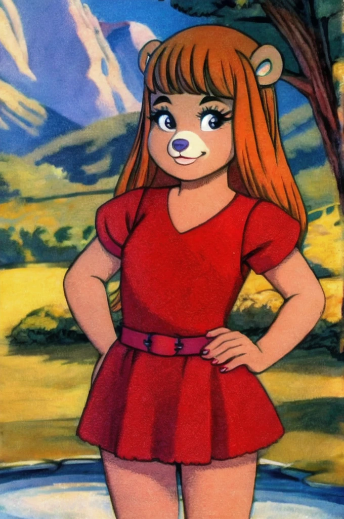fashionable 60s young lady bear, red_dress,