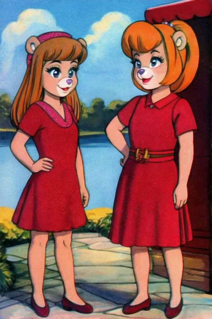 fashionable 60s young lady bear, red_dress,