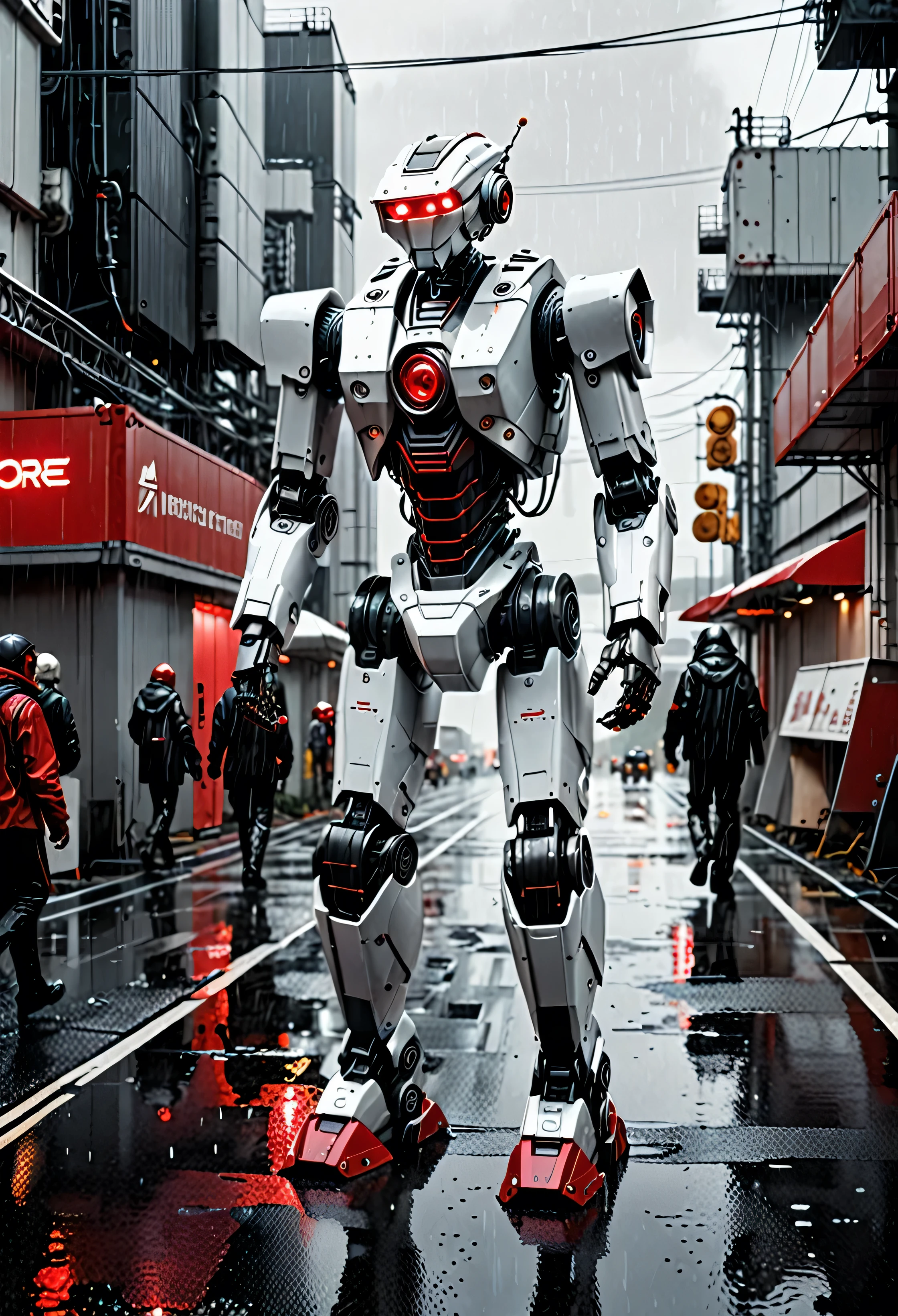 Robot walking on the road in wet weather, in a sci-fi dystopian style, modular construction, photograph documents, dark white and red, detailed crowd scenes, havencore,