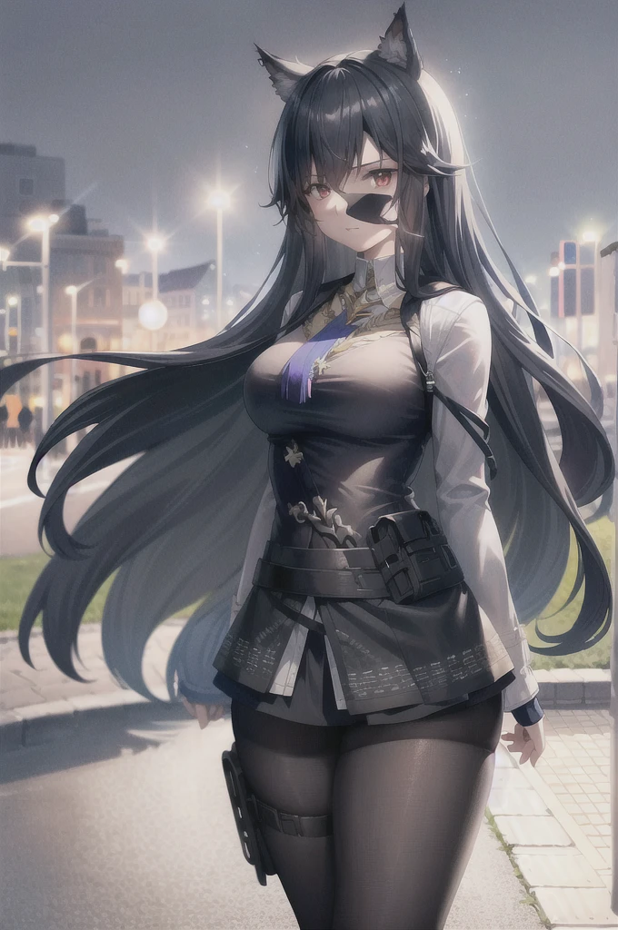 (8k, RAW photo, best quality, masterpiece:1.4), ultra high res, (realistic, photo-realistic:1.48),omertosa,1girl,(Kpop idol), (aegyo sal:1),cute, (super bokeh night city center:1.25), bokeh, night, traffic lights, road sign, rain, after rain, wet, professional lighting, detailed lighting, photon mapping, radiosity, physically-based rendering,Black pantyhosebloom, backlighting, depth of field, natural lighting, hard focus, film grain, one meter shooting distance, professional photoshoot, photographed with a Sony a9 II Mirrorless Camera, detailed eyes, realistic eyes, detailed shadow, looking at viewer, dog ears, detailed lighting, skirt, black skirt, thighhighs, black thighhighs, (detailed hair, realistic hair, realistic lighting, realistic shadow, realistic outfit), realistic skin, (gun on waist:1), realistic reflection of light from above, ((arms behind back)),(hands behind),tube top,sexy