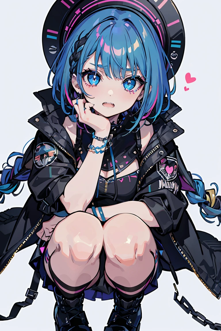 1 Girl, Punk Makeup, (hair ornaments),(Showing teeth),Punk Fashion,Squat, Colorful clothes, Black and blue hair, Braiding, Gentle expression, Beautiful expression, Sparkling Blue Eyes, (Hearts in eyes), Cold Background,18-year-old, Colorful Hair, Messy Hair, Romanticism, modern art, Impressionism, reflected light, 8K, masterpiece, Advanced Details, Highest quality,