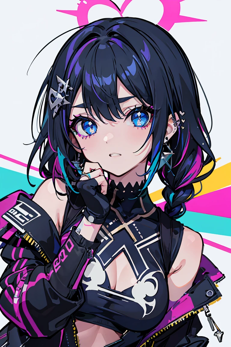 1 Girl, Punk Makeup, (hair ornaments),(Showing teeth),mischief, Punk Fashion,Swimwear, Rough poses, Colorful clothes, Black and blue hair, Braiding, Gentle expression, Beautiful expression, Sparkling Blue Eyes, (Hearts in eyes), Cold Background,18-year-old, Colorful Hair, Messy Hair, Romanticism, modern art, Impressionism, reflected light, 8K, masterpiece, Advanced Details, Highest quality,