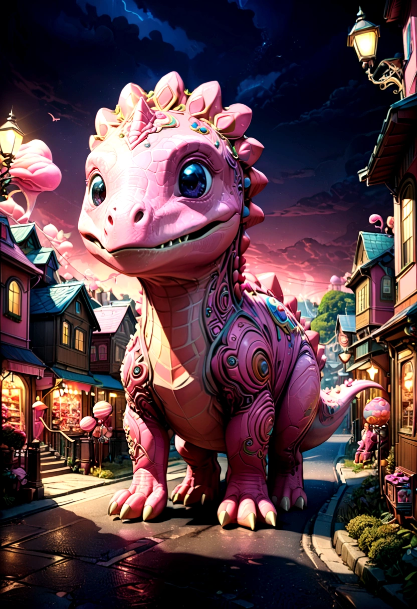 (Pink Dinosaur), the scene mainly depicts a pink dinosaur exploring in Candy Town. The houses, streets, and even street lights in the town are all made of candy, and it curiously observes everything around it. The background is Candy Town, (Photography), award-winning, cinematic still, emotional, vignette, dynamic, vivid, (masterpiece, best quality, Professional, perfect composition, very aesthetic, absurdres, ultra-detailed, intricate details:1.3)