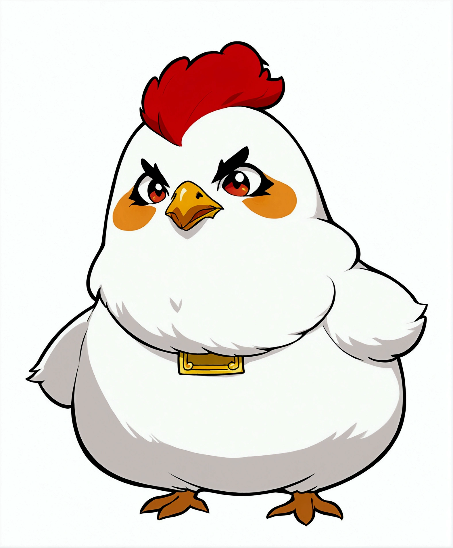 solo, looking at viewer, simple background, red eyes, white background, red hair,bird, thick eyebrows, fat, animalization, chicken,