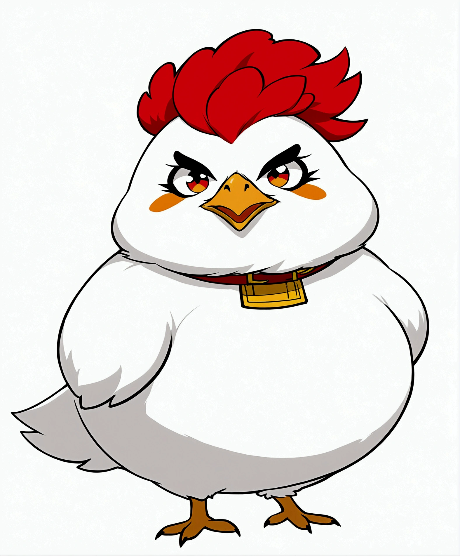 solo, looking at viewer, simple background, red eyes, white background, red hair,bird, thick eyebrows, fat, animalization, chicken, 