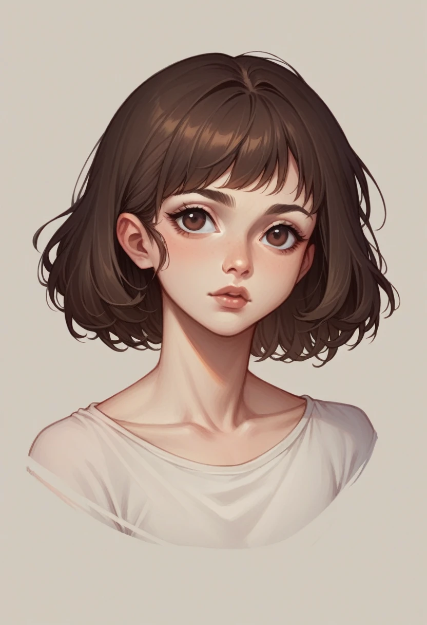 blythe doll short shoulder-length hair, dark brown hair, no bangs, brown eyes, thin lips,
