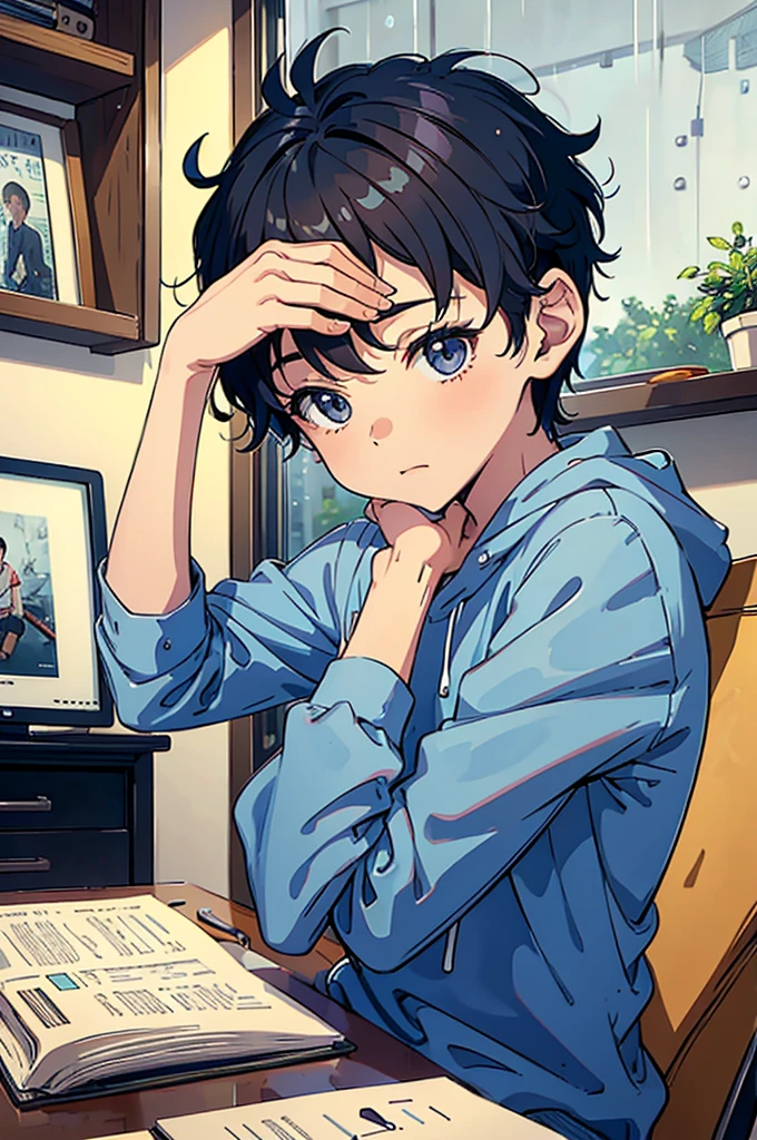 Cute little boy studying in his room while listening to music on a rainy day