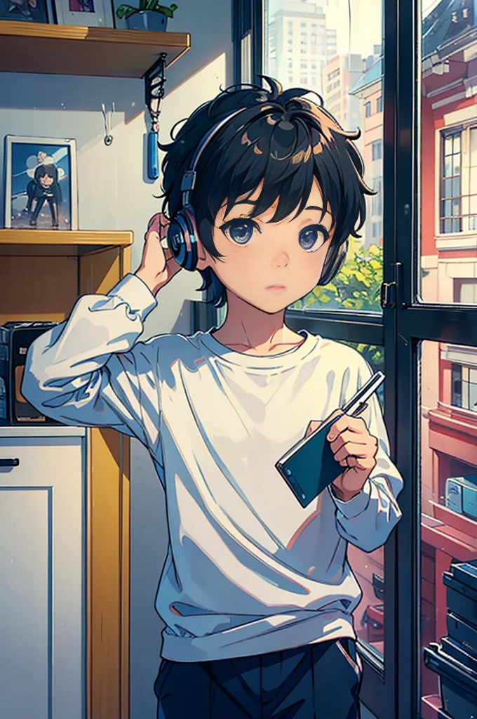 Cute little boy studying in his room while listening to music on a rainy day