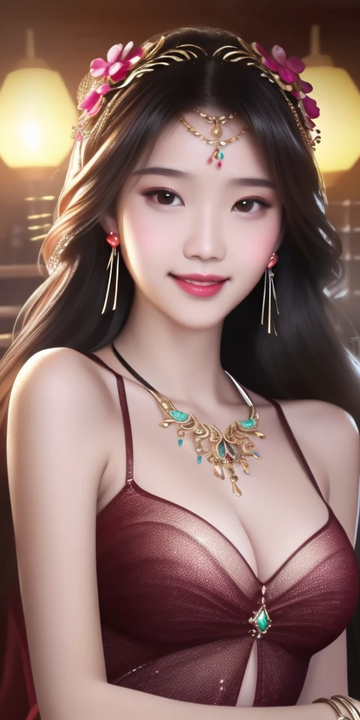 best quality, masterpiece, highres, 1girl, transparent silk china dress, beautiful face, hair ornament, looking at viewer, smile, closed mouth,lips, dress,hair ornament, necklace, jewelry, long hair, earrings, Beautiful face,upon_body, tyndall effect,photorealistic, dark studio, rim lighting, two tone lighting,(high detailed skin:1.2), 8k uhd, dslr, soft lighting, high quality, volumetric lighting, candid, Photograph, high resolution, 4k, 8k, Bokeh