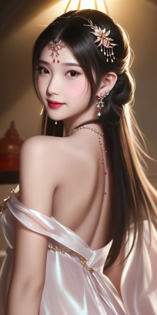 best quality, masterpiece, highres, 1girl, transparent silk china dress, beautiful face, hair ornament, looking at viewer, smile, closed mouth,lips, dress,hair ornament, necklace, jewelry, long hair, earrings, Beautiful face,upon_body, tyndall effect,photorealistic, dark studio, rim lighting, two tone lighting,(high detailed skin:1.2), 8k uhd, dslr, soft lighting, high quality, volumetric lighting, candid, Photograph, high resolution, 4k, 8k, Bokeh  