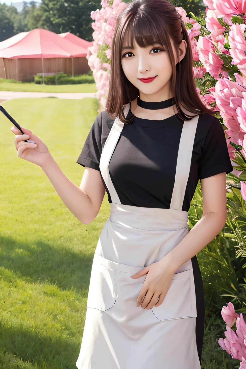 (Highest quality, masterpiece:1.3, Ultra-high resolution), (Very detailed), (Realistic:1.4, RAW shooting), ((Pink Apron:1.2)), ((the body is slim)), girl, Japanese, cute, Straight Long Hair, Big Breasts, Turn your body forward, (View from the front:1.1), Looking into the camera, focused on the chest, Light brown hair, ((Black Choker)), Very long and bushy eyelashes, blue eyes, bangs、 ((Wicked Smile))、blue sky、camp、rock, ((Full body portrait)),Bright red lipstick、Slim face、The body is slim