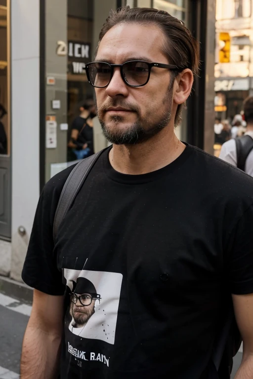 40-year-old man, wearing black rayban prescription glasses, short unkempt beard, long sideburns, black T-shirt, backpack over his shoulders, on a busy Milan street