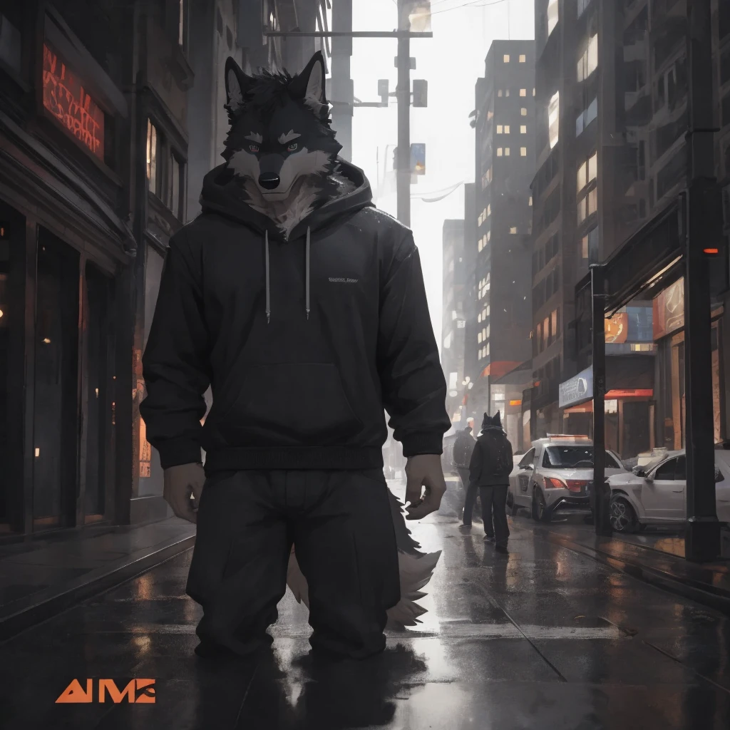 Male, males, wolf, black fur, white fur, short hair, 20 years old, hoodie, night, public, city streets, Lamborghini Aventador, rain, water drops, dramatic effect, dramatic light, shadow, shade, higlight, high quality, high details, High detailed image, high quality image, Very detailed shadows, high detail shadows, high details