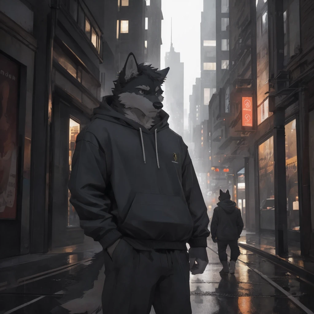 Male, males, wolf, black fur, white fur, short hair, 20 years old, hoodie, night, public, city streets, Lamborghini Aventador, rain, water drops, dramatic effect, dramatic light, shadow, shade, higlight, high quality, high details, High detailed image, high quality image, Very detailed shadows, high detail shadows, high details