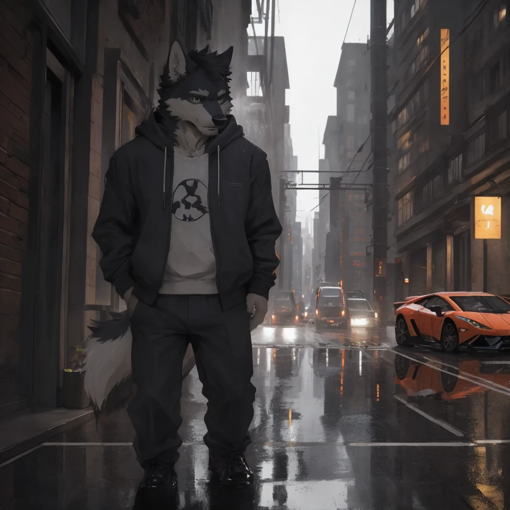 Male, males, wolf, black fur, white fur, short hair, 20 years old, hoodie, night, public, city streets, Lamborghini Aventador, rain, water drops, dramatic effect, dramatic light, shadow, shade, higlight, high quality, high details, High detailed image, high quality image, Very detailed shadows, high detail shadows, high details 