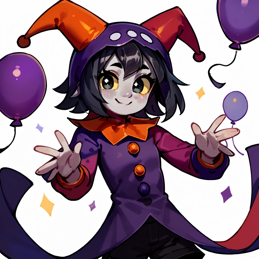 score_9, score_8_up, score_7_up, score_6_up, score_5_up, score_4_up, bright cute colors, bright purple outfit solo, 1girl, young adult, light gray skin, black hair, black eyes, yellow sclera, soft smile, looking at viewer, long bangs, hair between eyes, two tiny orange horns, pitch black pupils, long sidelocks, thin eyebrows, colorful, soft artstyle, flat chest, gray skin, rating_safe, bright purple jester outfit, long bright purple sleeves, bright purple balloon shorts, jester costume, cutesy costume, no background, plain white background