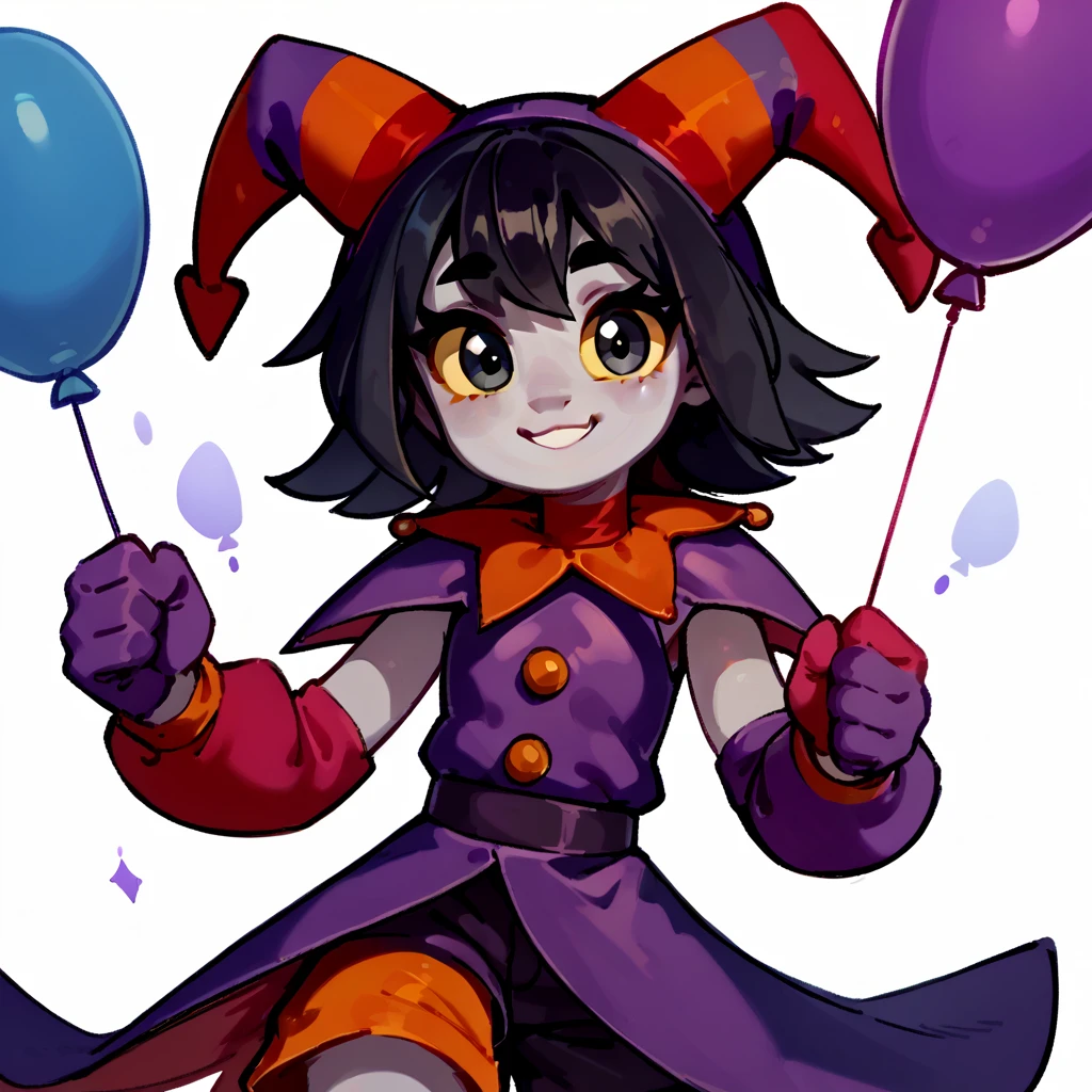 score_9, score_8_up, score_7_up, score_6_up, score_5_up, score_4_up, bright cute colors, bright purple outfit solo, 1girl, young adult, light gray skin, black hair, black eyes, yellow sclera, soft smile, looking at viewer, long bangs, hair between eyes, two tiny orange horns, pitch black pupils, long sidelocks, thin eyebrows, colorful, soft artstyle, flat chest, gray skin, rating_safe, bright purple jester outfit, long bright purple sleeves, bright purple balloon shorts, jester costume, cutesy costume, no background, plain white background