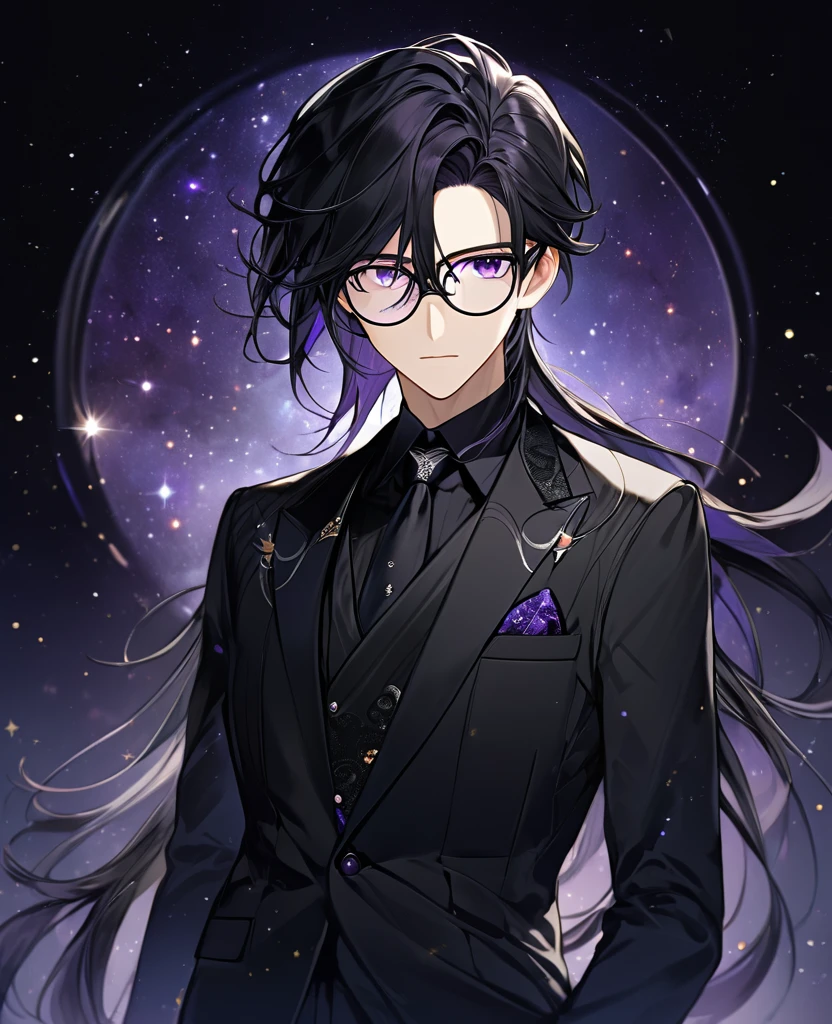(black_hair), (dark_purple_eyes), (detailed_eyes), (attractive), (emotionless), (Deep_space_background), (male), (wearing _a_black_suit), (long_male_hair), (detailed_Hair), (detailed), (detailed_mouth), (mysterious), (complicated), (wears_clear_glasses) 