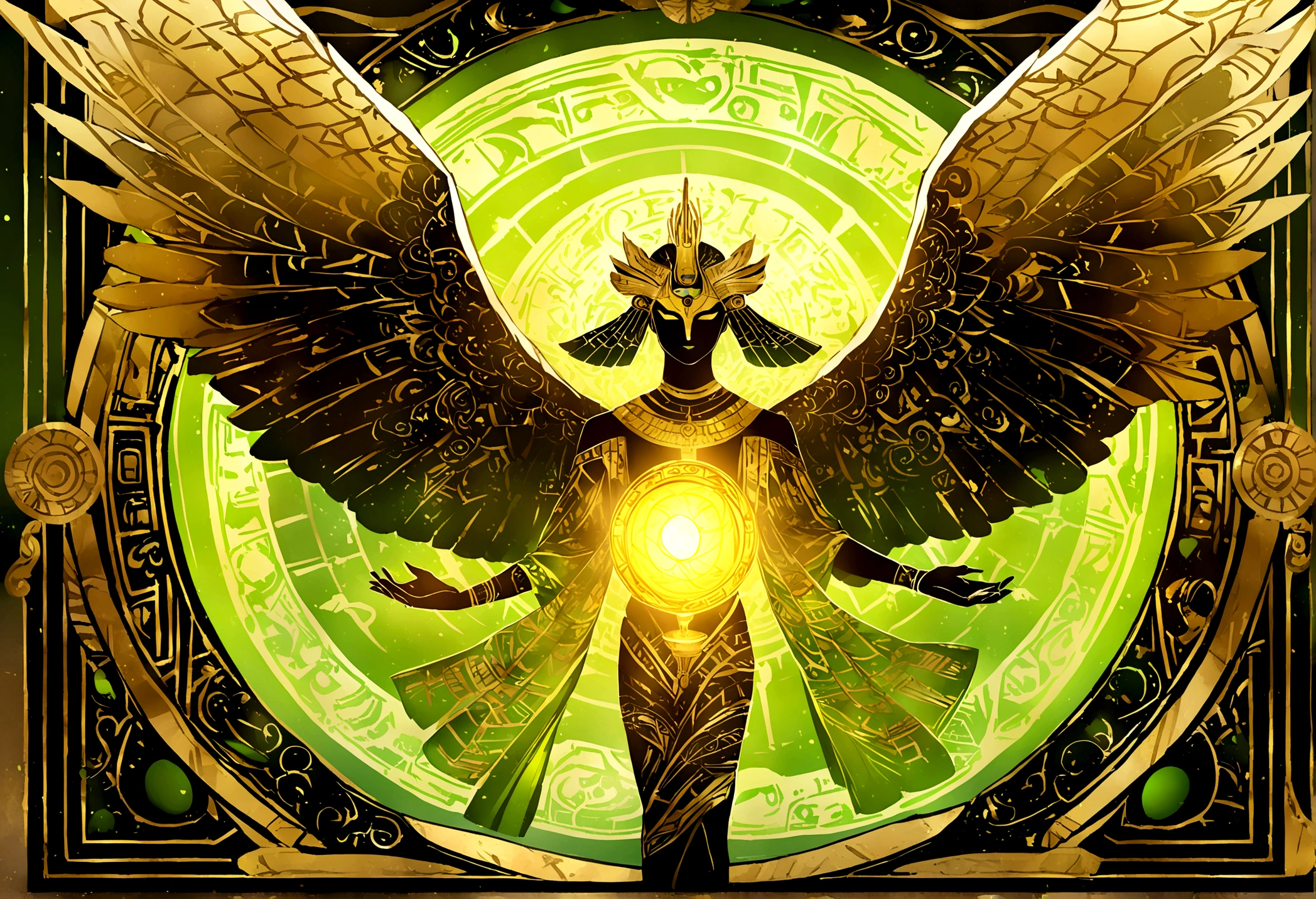 A golden, falcon-headed god, radiating divine power, holds a glowing orb in his hand, bathed in a vibrant green light. The background is a swirling vortex of golden and green energy, with intricate hieroglyphs and a majestic eagle with outstretched wings.

[Digital art, style reminiscent of ancient Egyptian hieroglyphics and art, with a touch of Art Deco and Gustav Klimt's gold leaf style], [Wide-angle lens, soft focus, high contrast, vibrant green and gold color palette, glowing orb, energy radiating from the god, detailed hieroglyphs, textured background, atmospheric lighting]