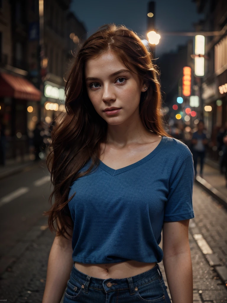 a redhead girl with long hair, walking down a night street, wearing a blue shirt and short jeans, beautiful detailed eyes, beautiful detailed lips, extremely detailed eyes and face, long eyelashes, beautiful soft lighting, wonderful soft lighting, photorealistic, 8k, highres, masterpiece, ultra-detailed, realistic, photo-realistic, HDR, UHD, studio lighting, ultra-fine painting, sharp focus, physically-based rendering, extreme detail description, professional, vivid colors, bokeh, portraits, detailed skin texture, glowing skin, warm colors, cinematic lighting, dramatic lighting, moody lighting