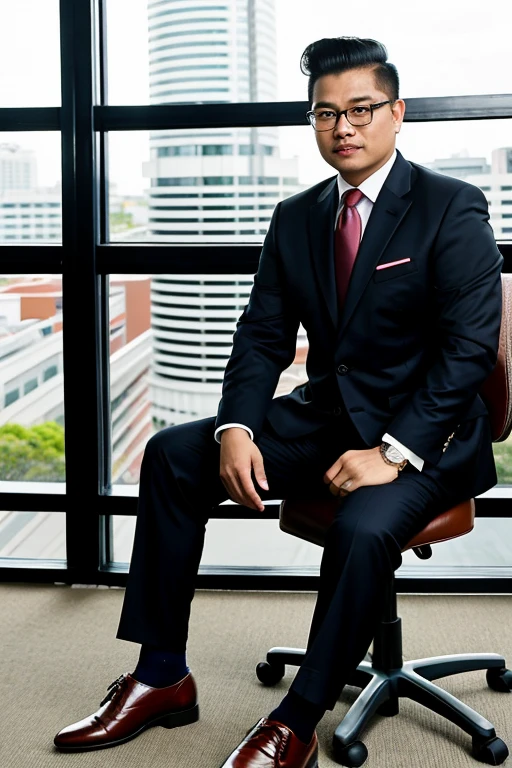 a malaysian man, wearing glasses, 47 years old, semi-round face, with pompadour hairstyle, wearing a suit and luxury shoes, with hands showing fist, sitting in a office, hdr, realistic picture.