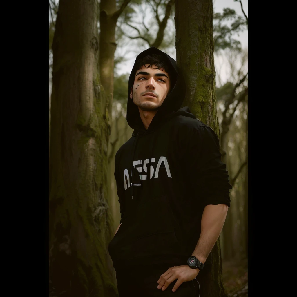 arafed man in a black hoodie standing in front of a tree, mid shot portrait, high quality portrait, wearing space techwear, profile picture 1024px, mr beast, nick silva, album art, adam varga, miles johnstone, atmoshperic, mid portrait, profile pic, stood in a forest, in a hoodie, official artwork