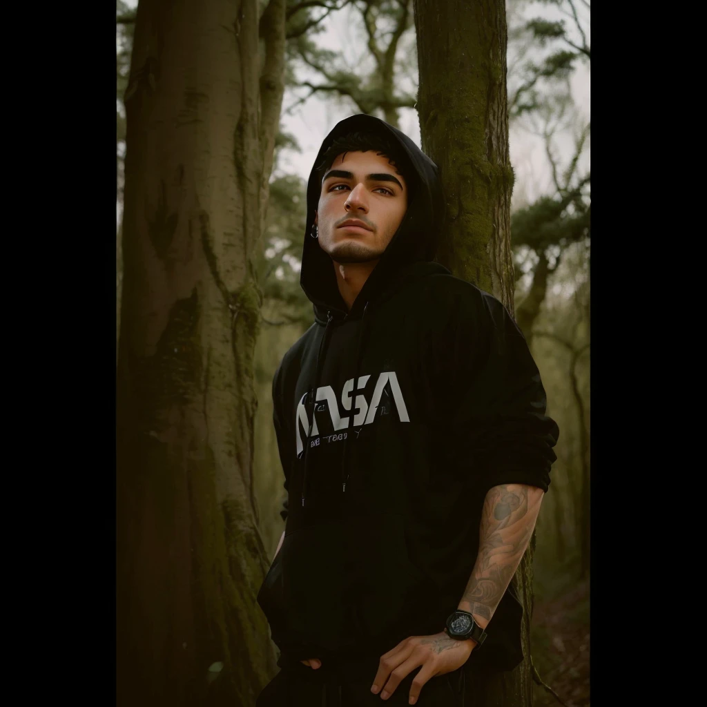 arafed man in a black hoodie standing in front of a tree, mid shot portrait, high quality portrait, wearing space techwear, profile picture 1024px, mr beast, nick silva, album art, adam varga, miles johnstone, atmoshperic, mid portrait, profile pic, stood in a forest, in a hoodie, official artwork