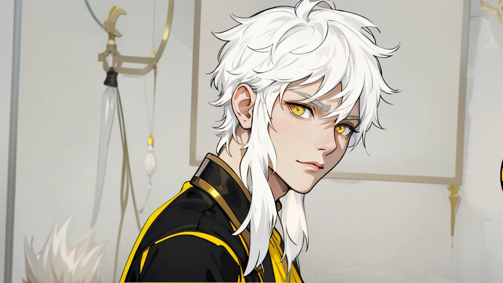 white hair yellow eyes black egyptian tunic he is listening to someone he is serious thoughtful he has golden lips