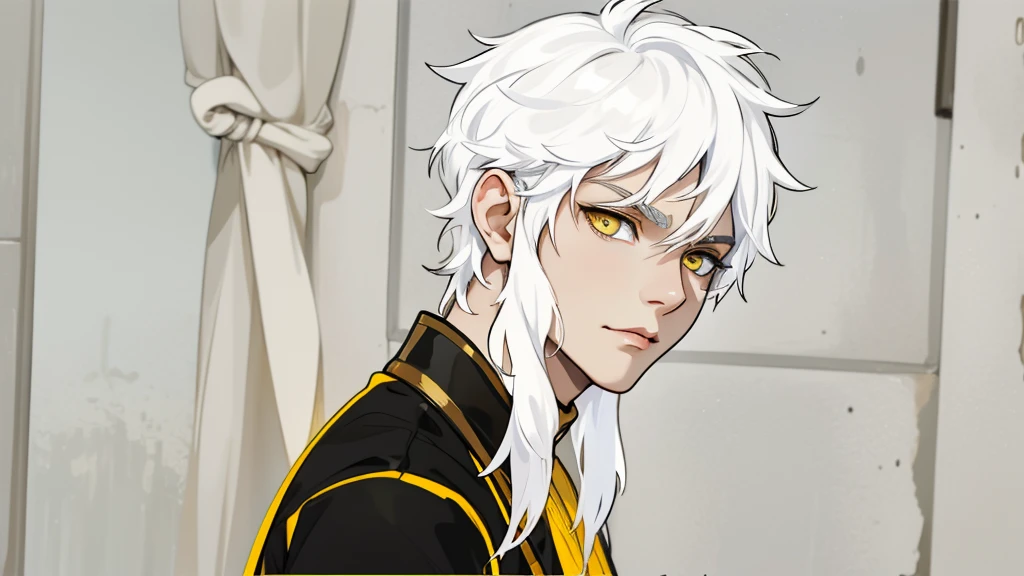 white hair yellow eyes black egyptian tunic he is listening to someone he is serious thoughtful he has golden lips