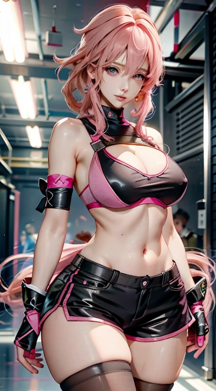 Beautiful woman, 1 girl, pink hair woman, fighting stance, black pantyhose, black gloves, sports bra, jewelry, shorts, J thighs. pink hair, drills, asymmetrical hair,(((Full and soft breasts,)))(((Large Breasts))) (((Cleavage)))