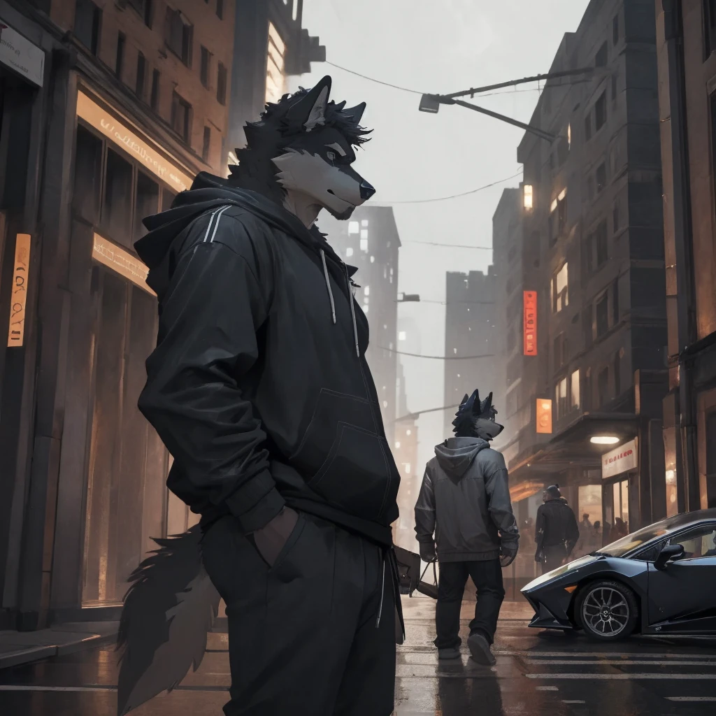Male, males, wolf, black fur, white fur, short hair, 20 years old, hoodie, night, public, city streets, Lamborghini Aventador, rain, water drops, dramatic effect, dramatic light, shadow, shade, higlight, high quality, high details, High detailed image, high quality image, Very detailed shadows, high detail shadows, high details 
