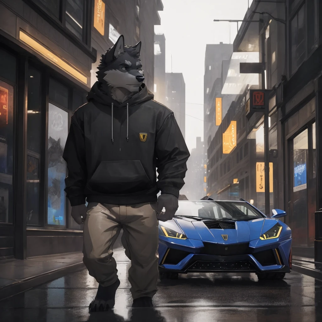 Male, males, wolf, black fur, white fur, short hair, 20 years old, hoodie, night, public, city streets, Lamborghini Aventador, rain, water drops, dramatic effect, dramatic light, shadow, shade, higlight, high quality, high details, High detailed image, high quality image, Very detailed shadows, high detail shadows, high details 