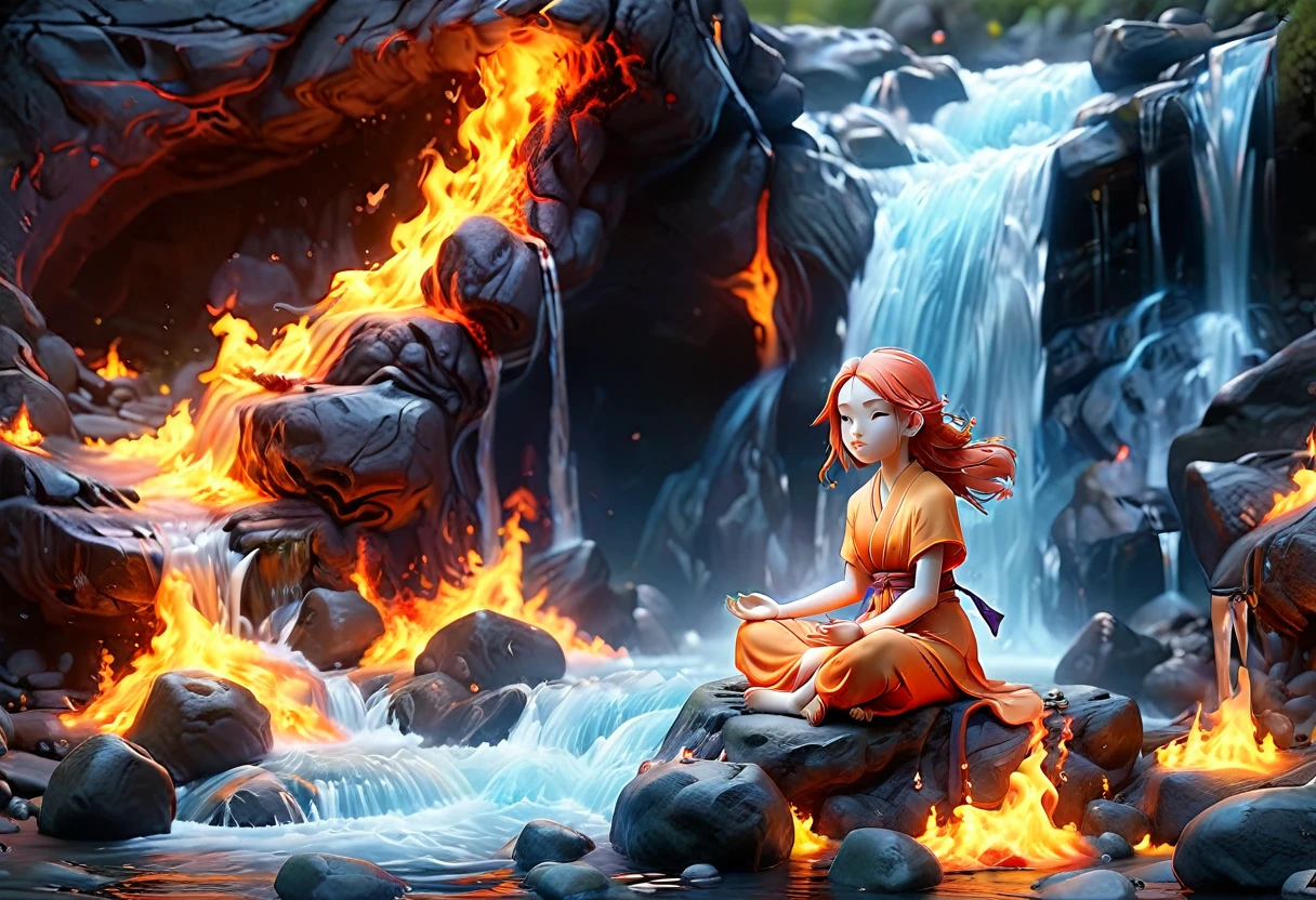 a picture of a (female monk: 1.2) sitting and meditating near a waterfall, at the base of the waterfall,  there is a human woman monk wearing monk garbs, meditating near a bonfire near an (epic sized waterfall: 1.3), red hair, long hair, full body (best details, Masterpiece, best quality :1.5), ultra detailed face (best details, Masterpiece, best quality :1.5), ultra feminine (best details, Masterpiece, best quality :1.5), exquisite beautiful (best details, Masterpiece, best quality :1.5) red hair, long hair, wavy hair, pale skin, blue eyes, intense eyes, water coming down from a volcanic cliff, multi level water falls, several pools created in different levels, forming new waterfalls, water cascading into a (large lava pool: 1.3) steam rising, clear water in many hues of blue and azure, fantasy art, photorealistic, D&D art, ultra best realistic, best details, best quality, 16k, [ultra detailed], masterpiece, best quality, (extremely detailed), ultra wide shot, photorealism, depth of field, hyper realistic painting, faize, perfecteyes