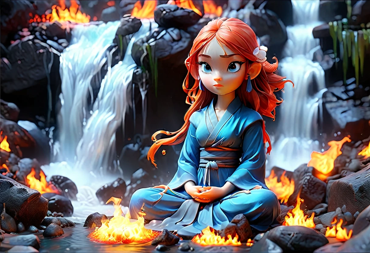 a picture of a (female monk: 1.2) sitting and meditating near a waterfall, at the base of the waterfall,  there is a human woman monk wearing monk garbs, meditating near a bonfire near an (epic sized waterfall: 1.3), red hair, long hair, full body (best details, Masterpiece, best quality :1.5), ultra detailed face (best details, Masterpiece, best quality :1.5), ultra feminine (best details, Masterpiece, best quality :1.5), exquisite beautiful (best details, Masterpiece, best quality :1.5) red hair, long hair, wavy hair, pale skin, blue eyes, intense eyes, water coming down from a volcanic cliff, multi level water falls, several pools created in different levels, forming new waterfalls, water cascading into a (large lava pool: 1.3) steam rising, clear water in many hues of blue and azure, fantasy art, photorealistic, D&D art, ultra best realistic, best details, best quality, 16k, [ultra detailed], masterpiece, best quality, (extremely detailed), ultra wide shot, photorealism, depth of field, hyper realistic painting, faize, perfecteyes