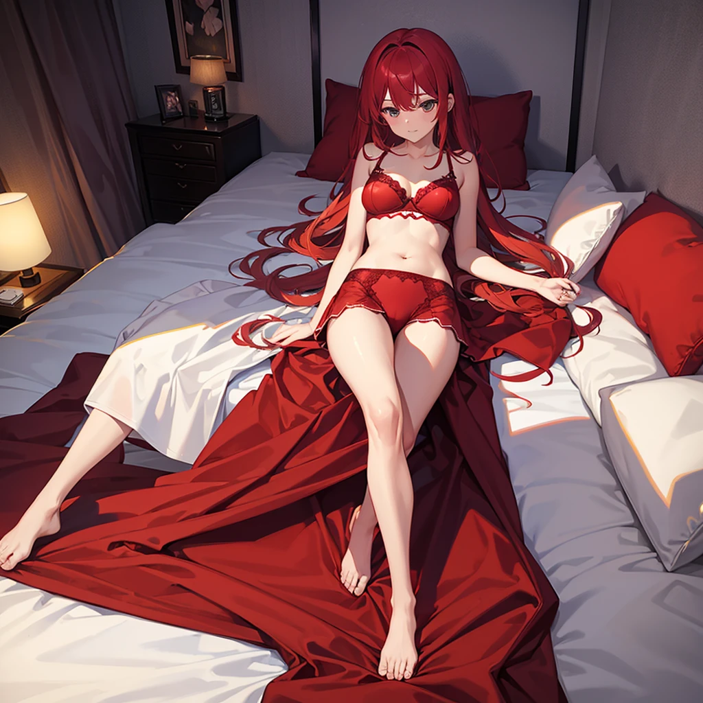 high quality，Red underwear，M-shaped legs on the bed