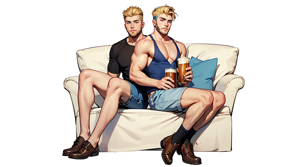 boy, 19 years old, very handsome, beautiful face, blue eyes, blond hair, shaved on the sides, visible muscles, thin beard and sideburns, sitting with a beer in his hand, looking