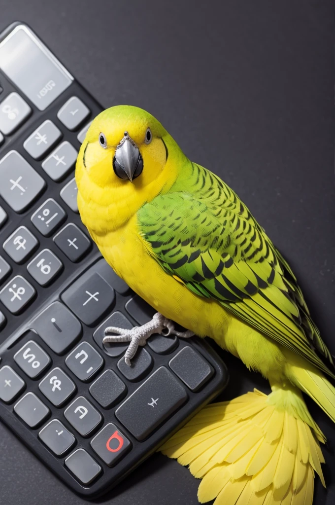 yellow parakeet with human body holding a calculator 