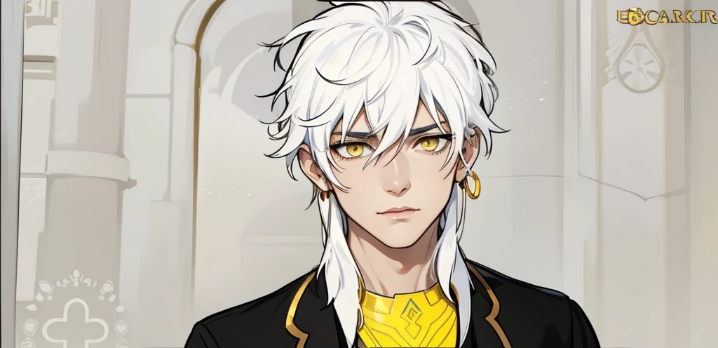 white hair yellow eyes black egyptian tunic he is listening to someone he is serious thoughtful he has golden lips