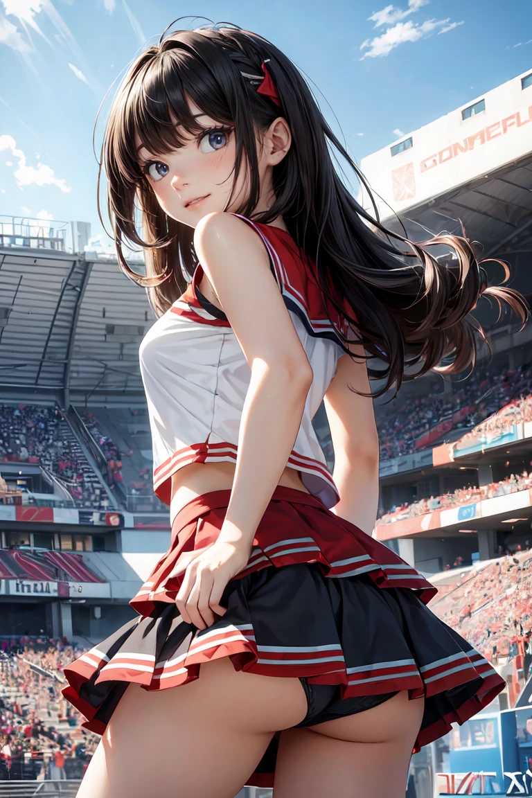 (ultra detailed eyes), (ultra detailed face),high quality, best image quality, masterpiece, teenage girl, 18 years old, very cute and beautiful cheerleader girl is dancing, dynamic pose, soft wavy hair, black hair, (smile:1.2), medium breast, (red tops with logo:1.3), (miniskirt:1.3), (panties), Armpits, Navel, thighs, Bare shoulders, Bare arms, (looking back, from behind), Natural lighting, Hair fluttering in the wind, Beautiful detailed sky, stadium, ((Finest quality)), ultra high resolution, ultra-detailliert, Meticulous portrayal, ((Best Anime)),