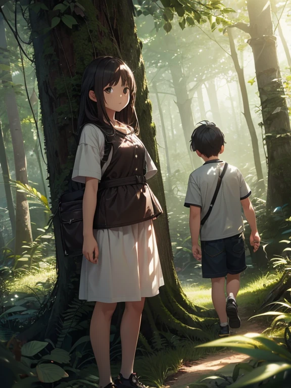 I have two children. 1 girl, 1 boy,forest in summer. character focus