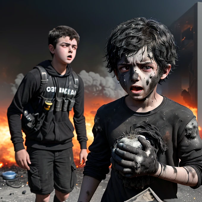 A boy covered in soot is caught in an explosion while confused after catching a bomb thrown by his friend